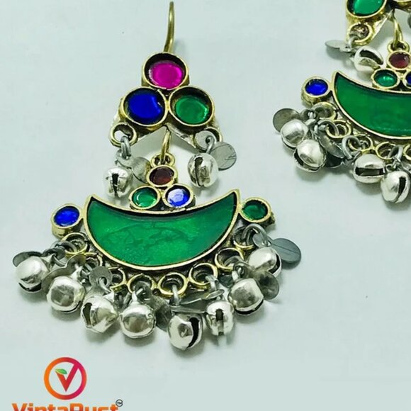 Multicolor Glass Stones Silver Earrings, AfghanTraditional Earrings,Light Weight - Picture 12 of 13